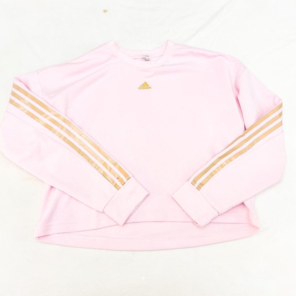 Adidas Pink Long Sleeve Cropped Sweater Gold Striped Size Medium